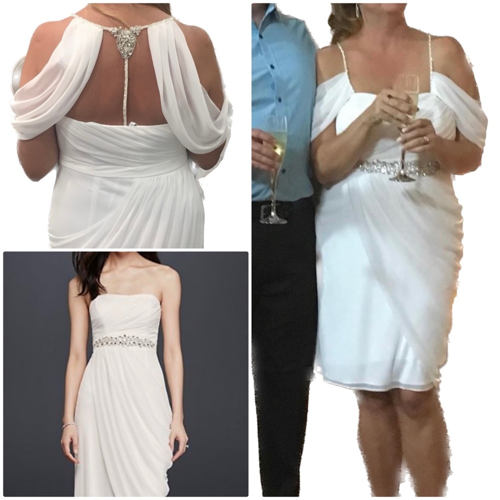 Goddess Draping Bride Wedding Dress Knee Length Short Jeweled Detail Sheer Layer